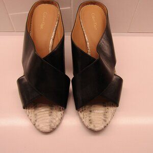 CALVIN KLEIN Black Leather Criss Cross Slides Mules Heels Sandals---Sz 10